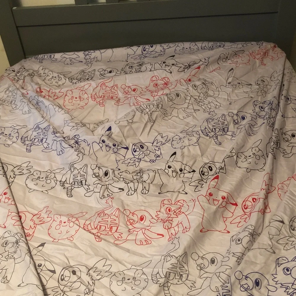 Pokemon Character Print Twin/Full Sheet - Red & Blue Line Art on White